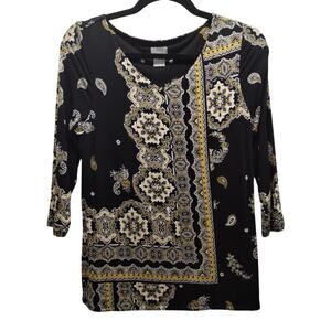Chico's Size Small (0) Black Yellow Medallion Soft Stretch 3/4 Sleeve V-Neck Top